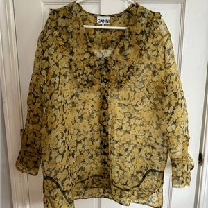 GANNI Organza Shirt. sheer yellow + black floral oversized button up top. Size 8